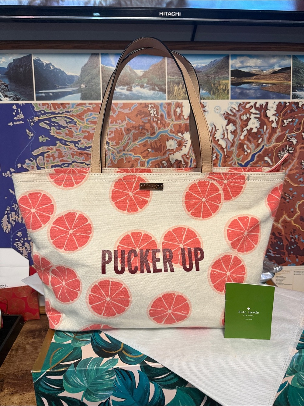 kate spade Cream Canvas Tote with Coral Grapefruit Print